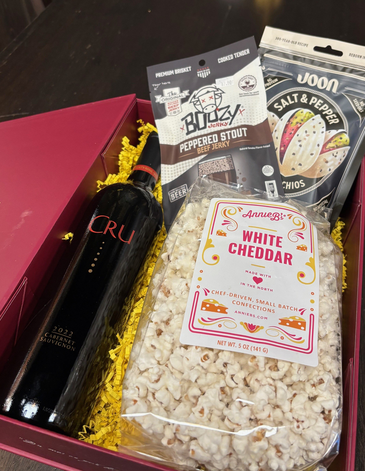 Vinny’s Gift Box with Annie’s Popcorn, Bouzy Jerky & Joon Pistachios – holiday wine gift from Vintage Wine Merchants.