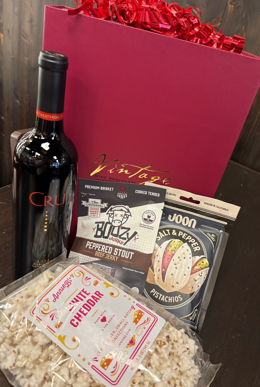 Vinny’s Gift Box with Annie’s Popcorn, Bouzy Jerky & Joon Pistachios – holiday wine gift from Vintage Wine Merchants.