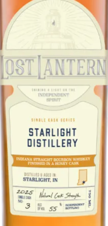 Lost Lantern Indiana Straight Bourbon Whiskey Starlight Single Cask 3 Honey Finish 750ML