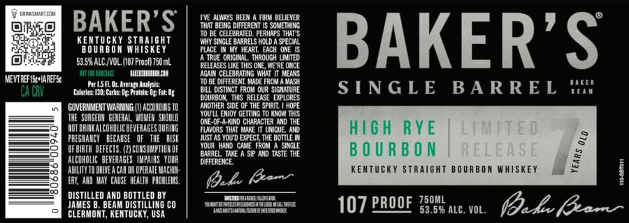 Baker's Kentucky Straight Bourbon Whiskey High Rye Limited 7 Year Old 